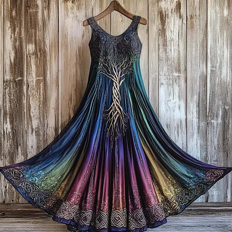 Women's Vintage Viking Tree Of Life Gradient Pattern Cotton And Linen Sleeveless Dress