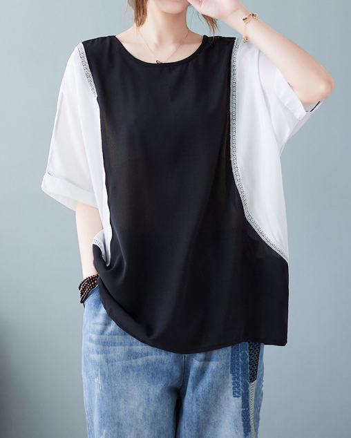 Colorblock Short Sleeve Lace Patchwork Loose Top
