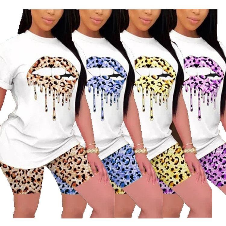 Leopard Print Lip Print Tie-Dye Two-Piece Suit