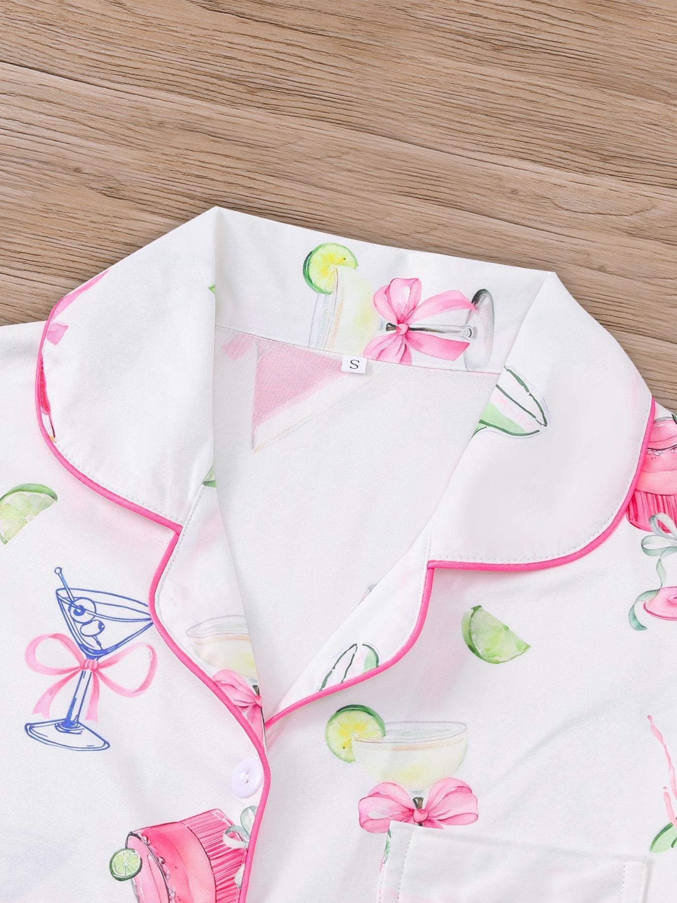Women's All-Over Cocktail Print Button Front Shirt & Elastic Waist Shorts Pyjama, Casual Comfy Pjs Short Sleeve Top & Shorts Pajamas Set, Ladies Sleepwear for All Seasons, Loungewear, Casual Pajamas Outfit