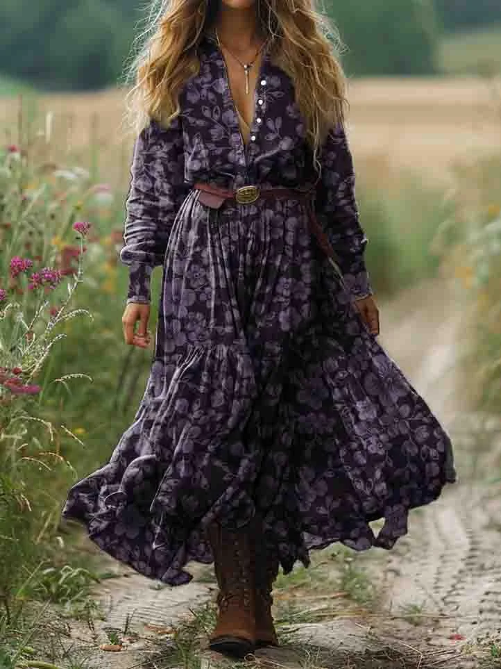 Women's Ethnic Floral Art Print Pocket Cotton Dress