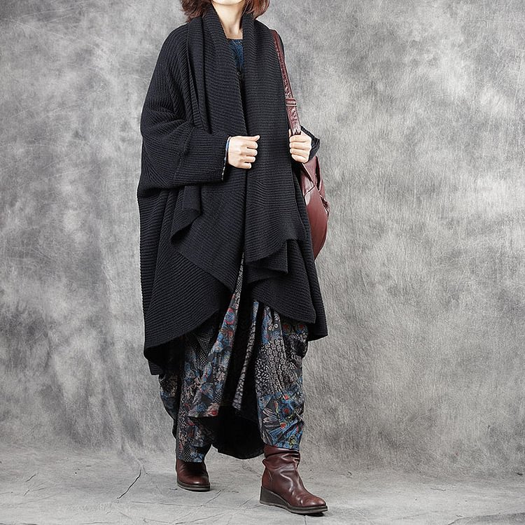 Stylish Black Loose Asymmetrical Design Fall Knitwear Coat