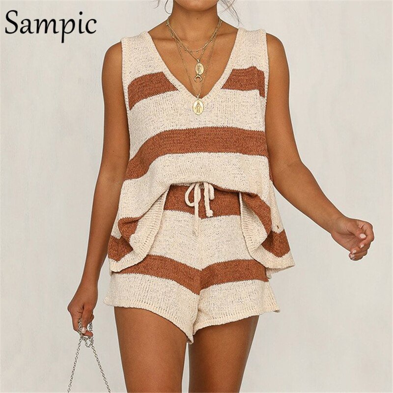 Sampic v neck summer khaki knitted drawstring 2 piece women set casual beach striped two piece set crop top and shorts outfits