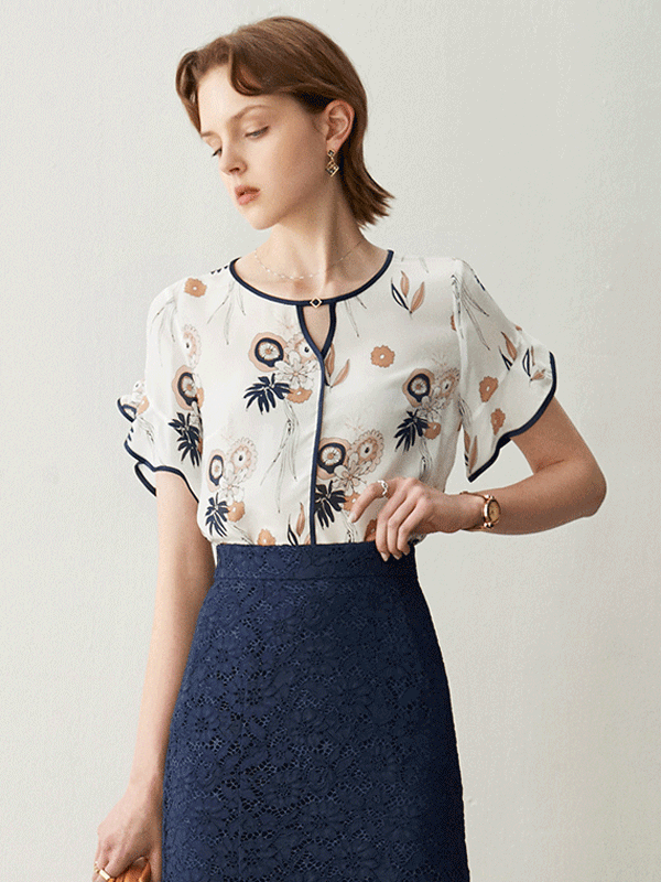 Ruffle Sleeve Bouquet Print Silk Blouse-Luxury Silk Life
