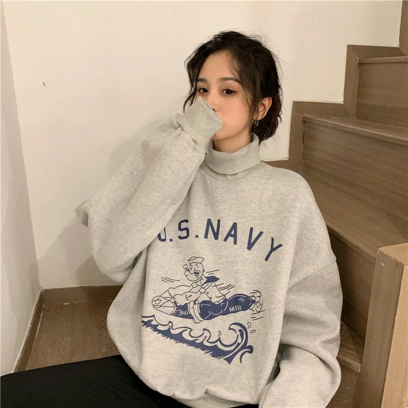 Sweatshirt Women Fall/Winter Harajuku Punk Style Oversized Lazy Cartoon Letters Plus Velvet Turtleneck Pullover Women Sweatshirt