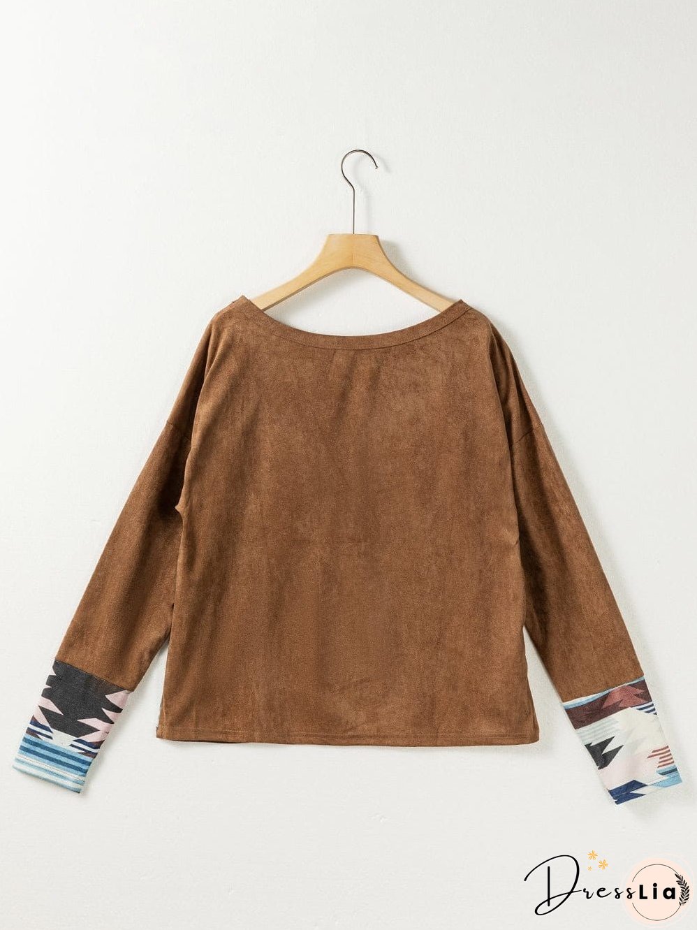Cozy Brown Aztec Print Patched Pocket Long Sleeve Shirt
