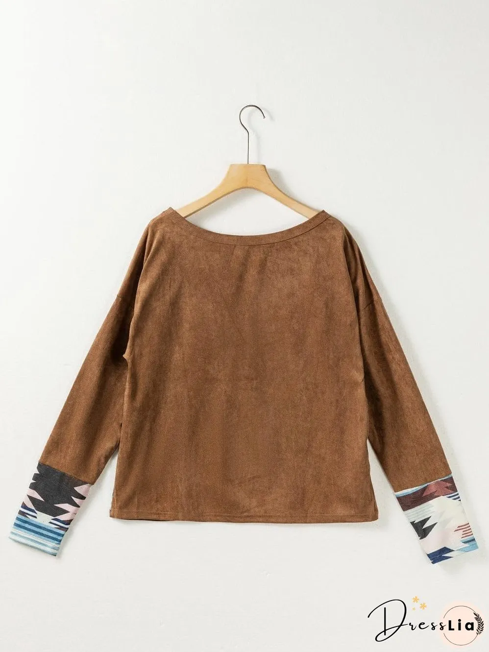 Cozy Brown Aztec Print Patched Pocket Long Sleeve Shirt