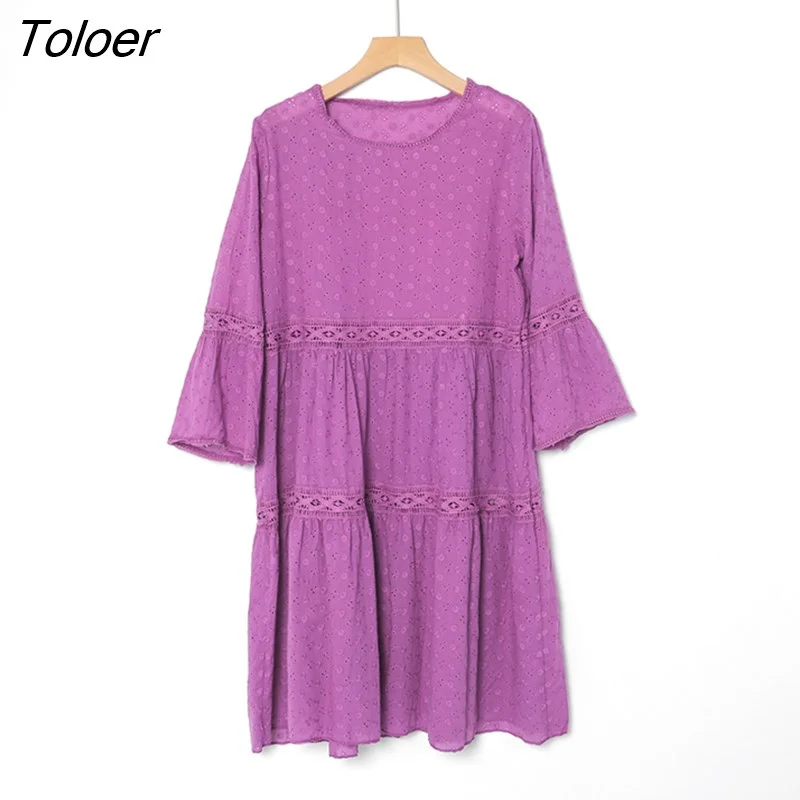 Toloer 2023 New Women Elegant Embroidered Lace Dress White Female Splicing Dress Floral Hollow Out Loose Casual Party Vestidos