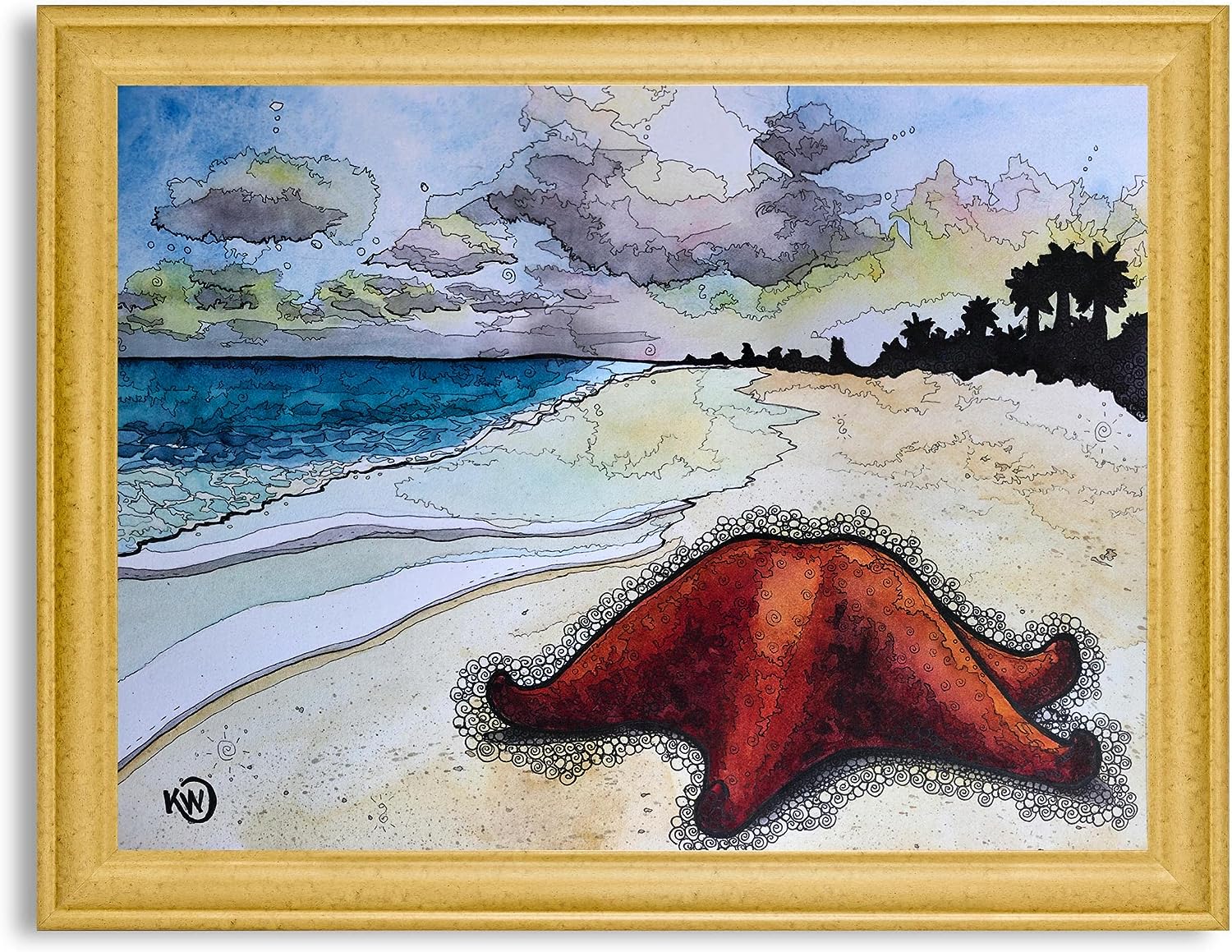 Sea Star Fish on The Beach Framed Canvas Wall Art Decor Poster | Animal & Wildlife Watercolors Home & Office Decoration Canvases, Posters & Prints by Kim Winberry | Artwork for Bedroom & Living Room Sea Star Fish on the Beach