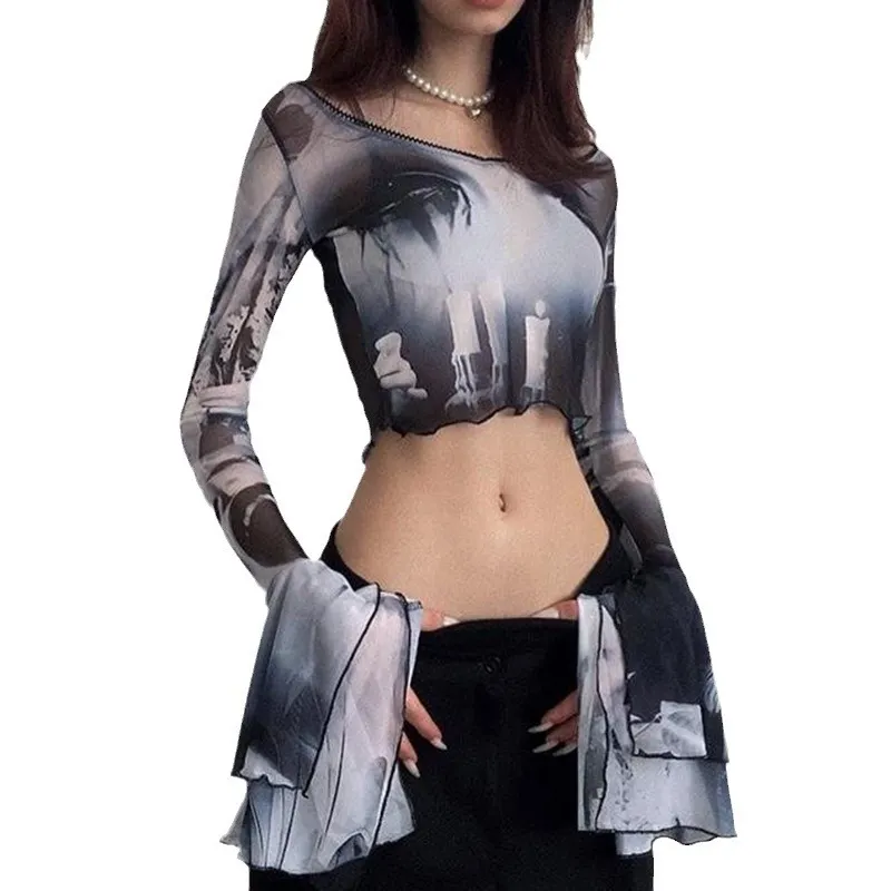 Brownm Brownm Slim Mesh Print Sleeve Horn Long Sleeve Perspective Crop Fashion Women's Top