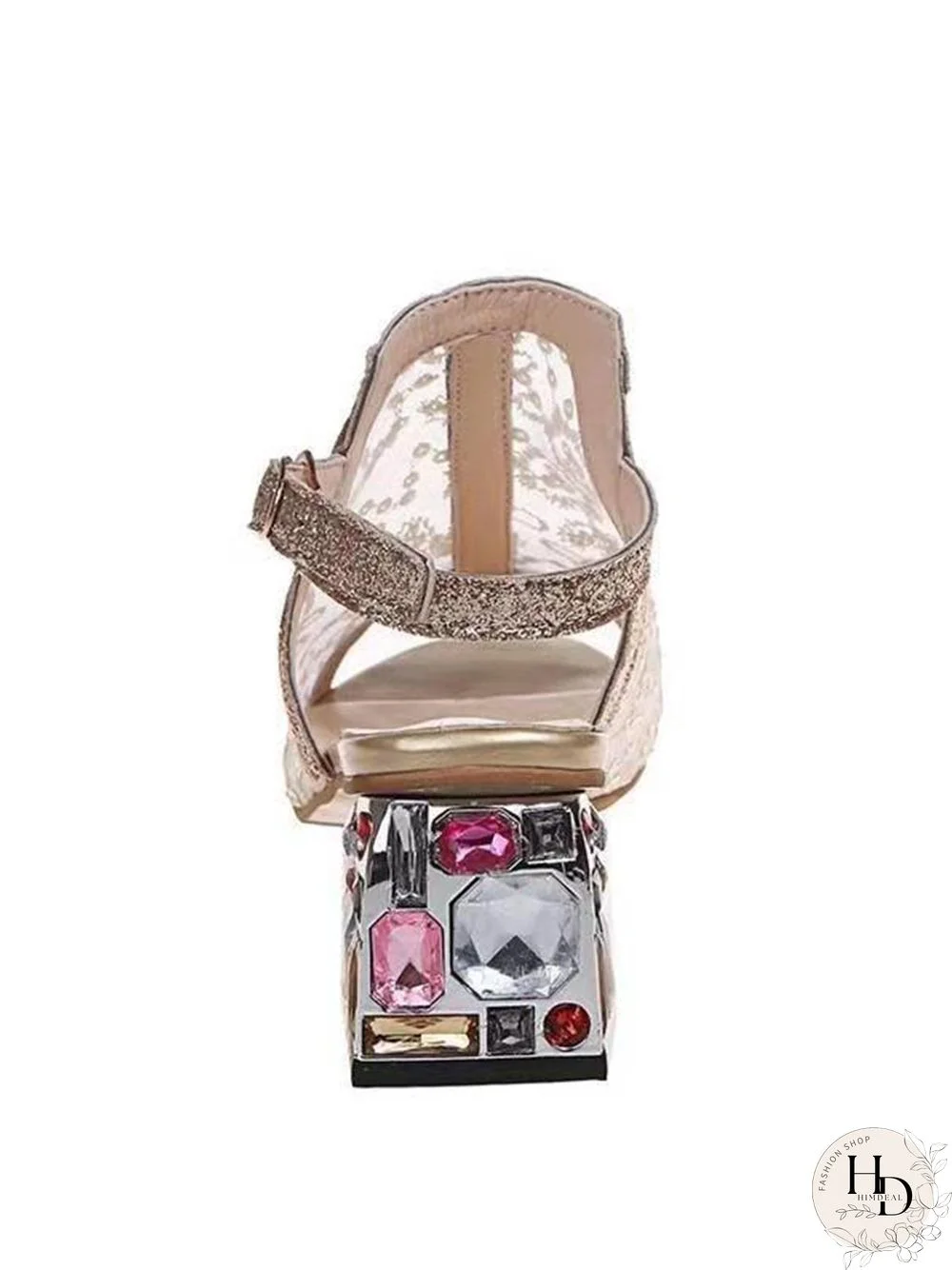 Mesh Sequined Fish Mouth Chunky Heel Sandals
