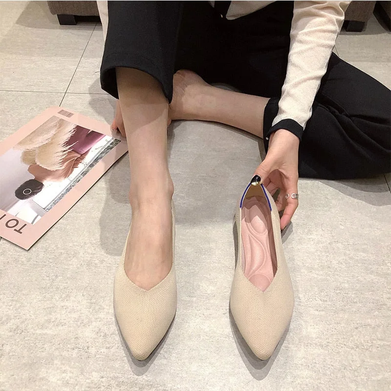 Women's Shoes Pumps Knitting Breathable Ladies Pointed Toe Female Comfort Shoes Slip on Shallow Ladies Loafers Office Low Heels
