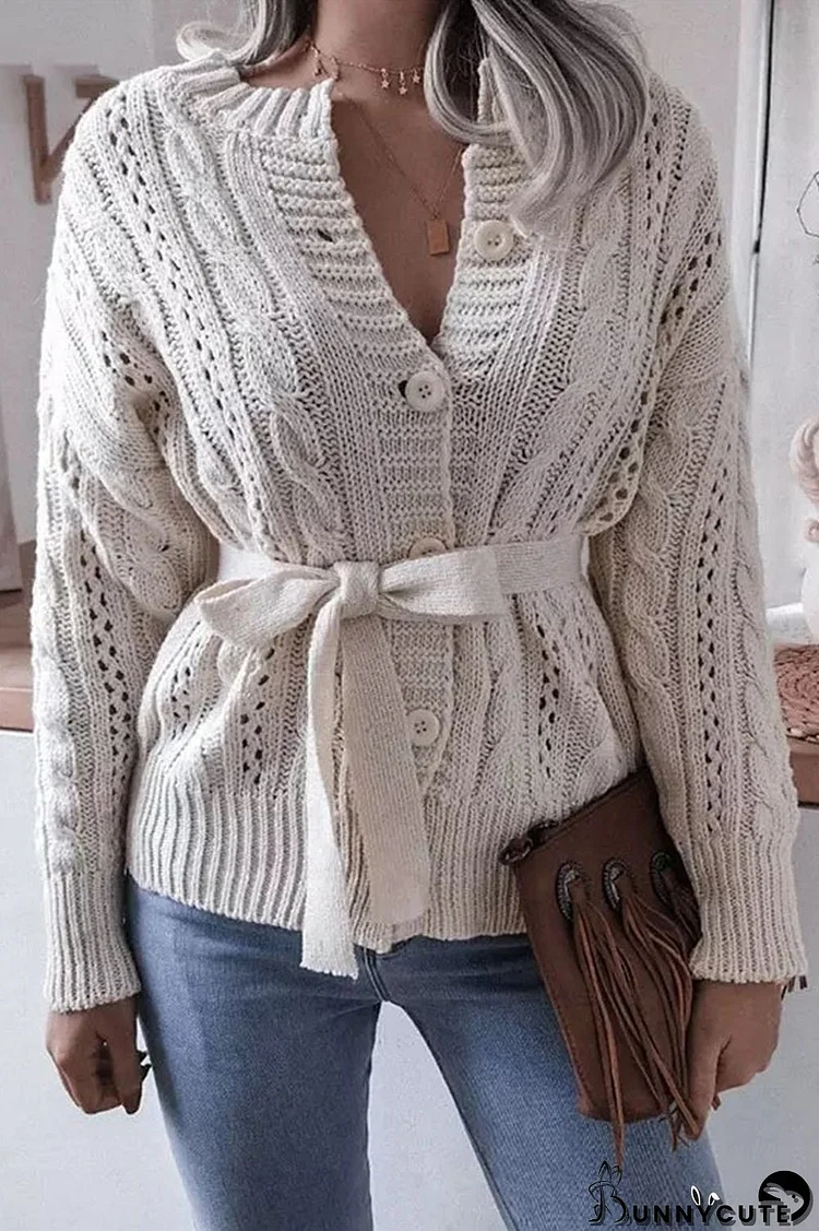 Casual Solid Hollowed Out Buckle With Belt Cardigan Collar Tops