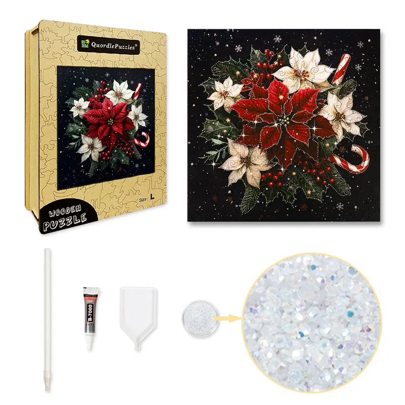 Midnight Poinsettia Crystal Wooden Puzzle