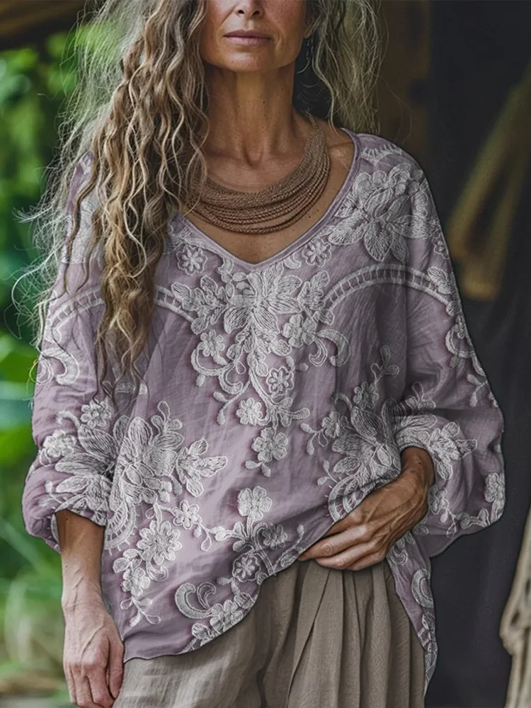 Boho Floral Embroidered Lace Flowy Linen Tunic