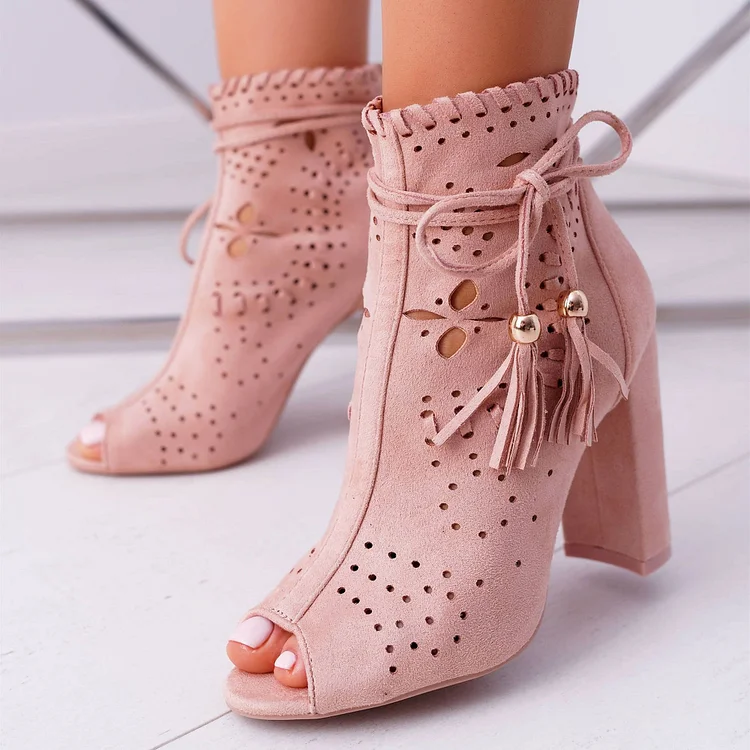 Pink Vegan Suede Peep Toe Booties Fringe Lace-Up Heeled Ankle Boots |FSJ Shoes