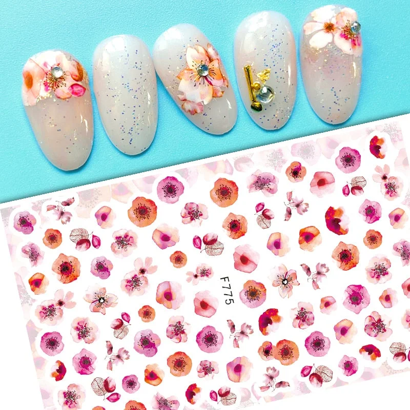 Geometric Lines Flower Leaf 3D Nail Stickers Blue Gold Cool Fall Leaves Spring Transfer Slider Nail Art Decoration Manicures-Nail Inspo