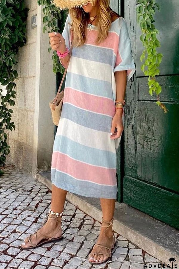 Multicolor Striped Color Block Loose Fit Half Sleeve Maxi Dress