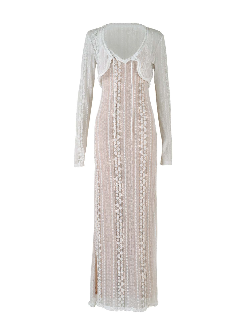 Ootddress Female Elegant Hollow Out Maxi Dress V-Neck Long Sleeve Split Party Dress Evening Tiered Fashion Summer Halter Dress 2025
