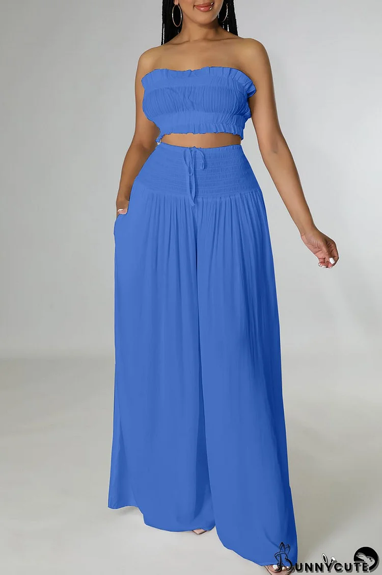 Blue Sexy Solid Split Joint Stringy Selvedge Strapless Sleeveless Two Pieces