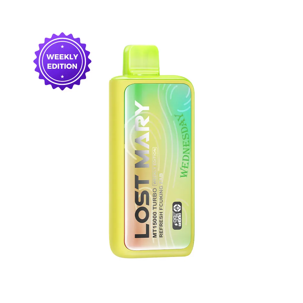 LOST MARY MT15000 Turbo disposable vape: Weekly Edition, Wednesday flavor, yellow/green.