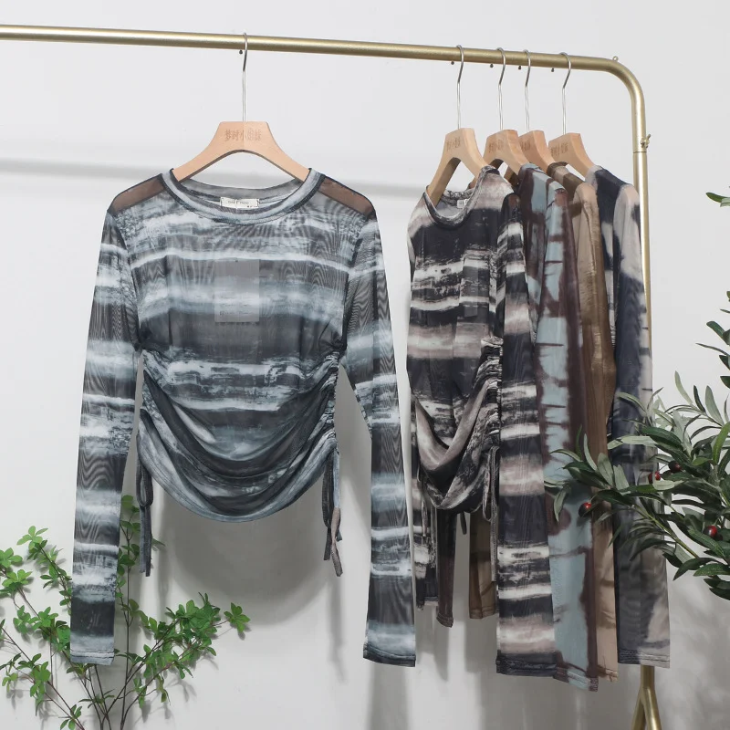 Uveng Round Collar Tie-Dye-Print Slim Long-Sleeved T-Shirt T-Shirt T-Shirt With Sunscreen 8159