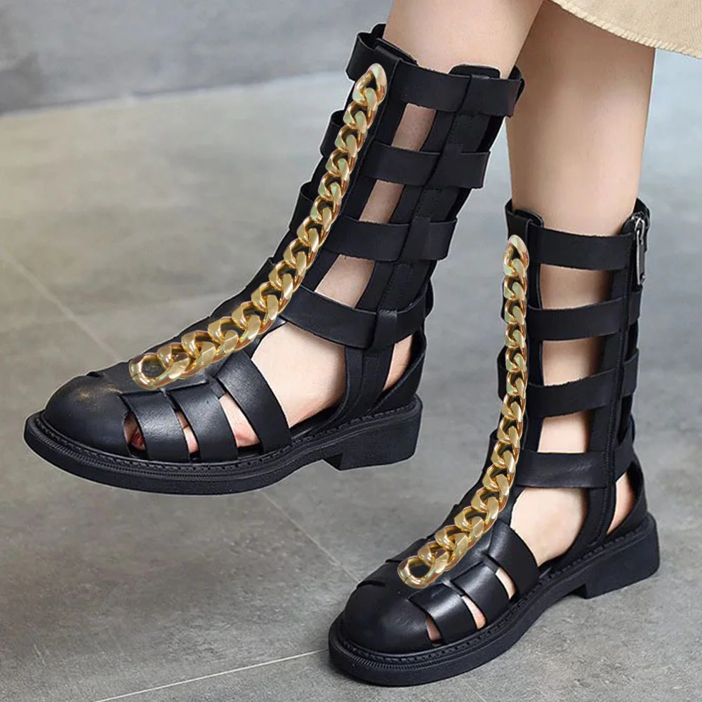 Black Chain Closed Toe Low Chunky Heel Gladiator Sandals for Festival Nicepairs