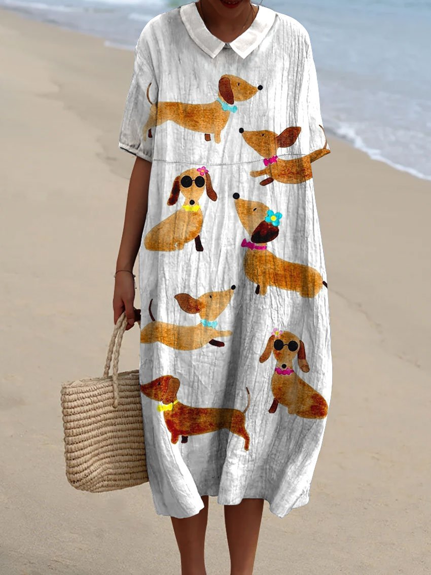 Women's Cute Dachshund Print V Neck Vintage Linen Loose Dress