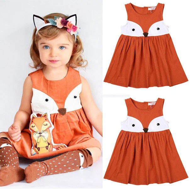 1-5Y Casual Baby Girls Clothes Cute Toddler Kids Fox Dress Summer Sleeveless Party Dress Children Cotton Clothing