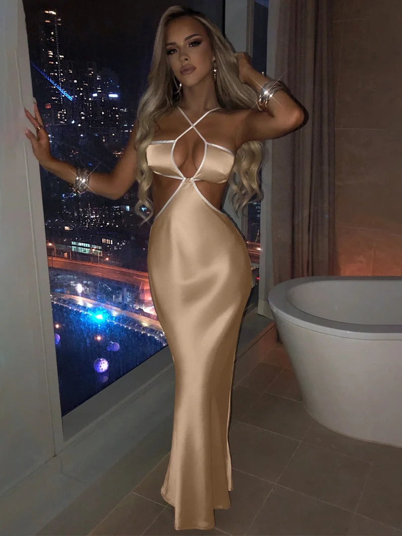 Hugcitar Halter Backless Sleeveless Hollow Out Revealing Maxi Dress 2022 Spring Bodycon Sexy Streetwear Party Club Outfits Y2K