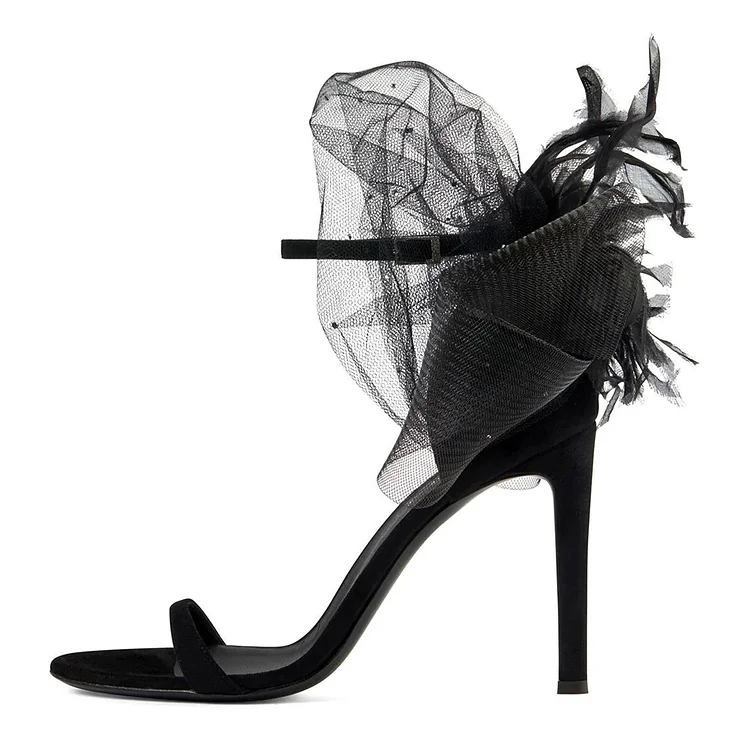 Black Mesh Ankle Strap Evening Sandals with Embellishments Vdcoo
