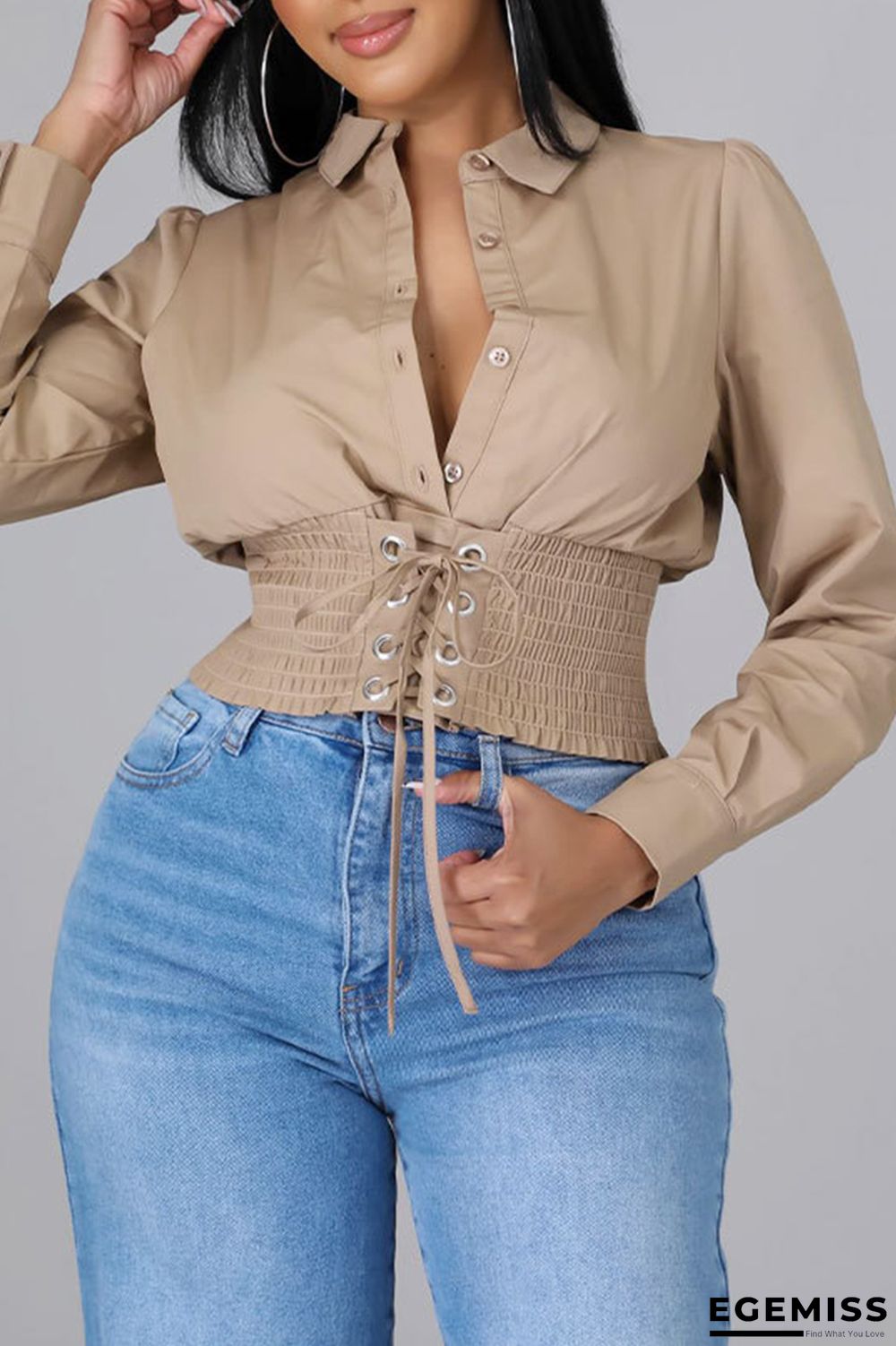 Apricot Fashion Casual Solid Bandage Patchwork Turndown Collar Tops | EGEMISS