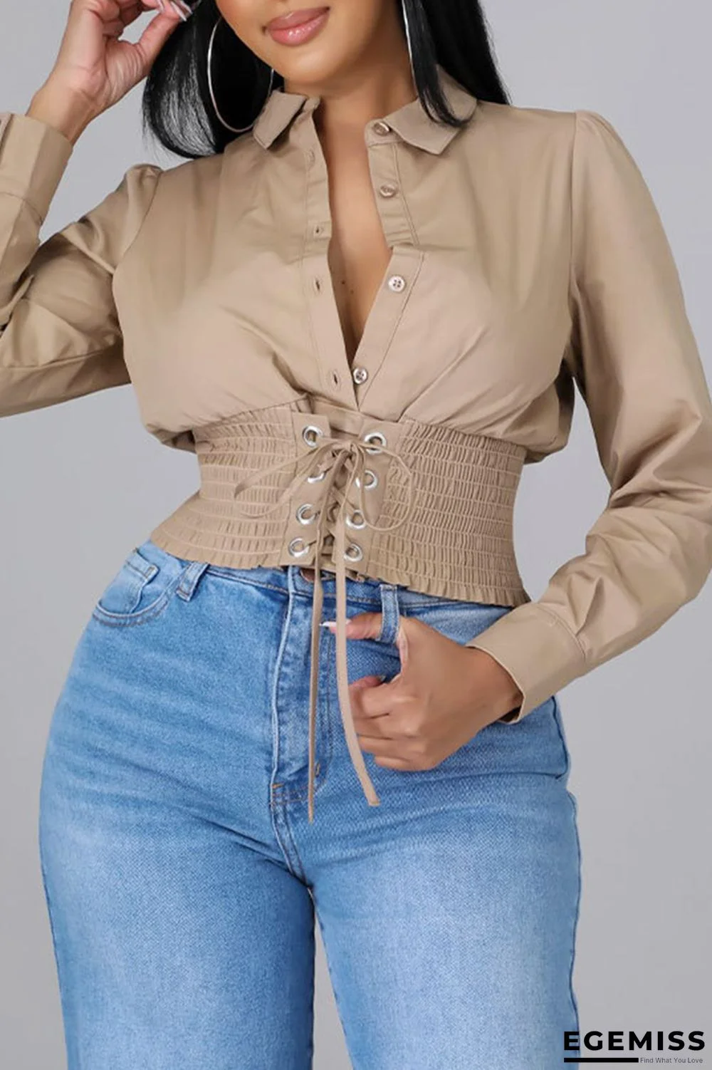 Apricot Fashion Casual Solid Bandage Patchwork Turndown Collar Tops | EGEMISS