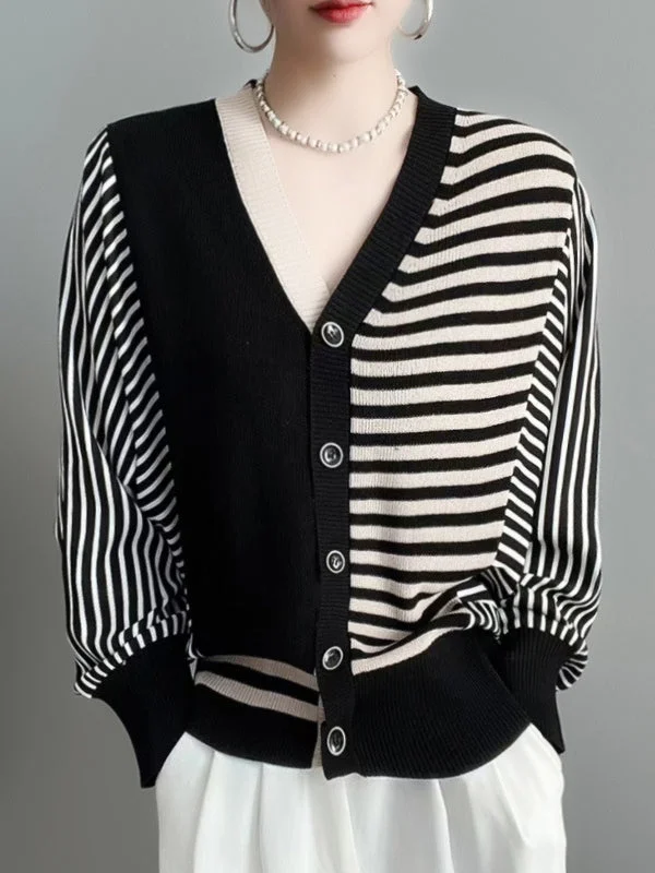 Buttoned Contrast Color Split-Joint Striped Long Sleeves Loose V-Neck Knitwear Cardigan Tops