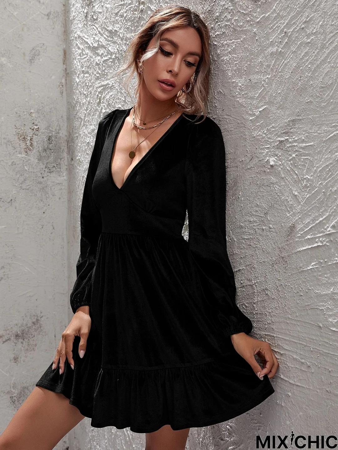 Party Lantern Sleeve Velvet Loose V Neck Dress