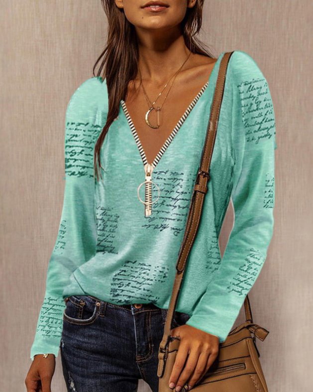 Printed Zip V-neck Long Sleeve Tops