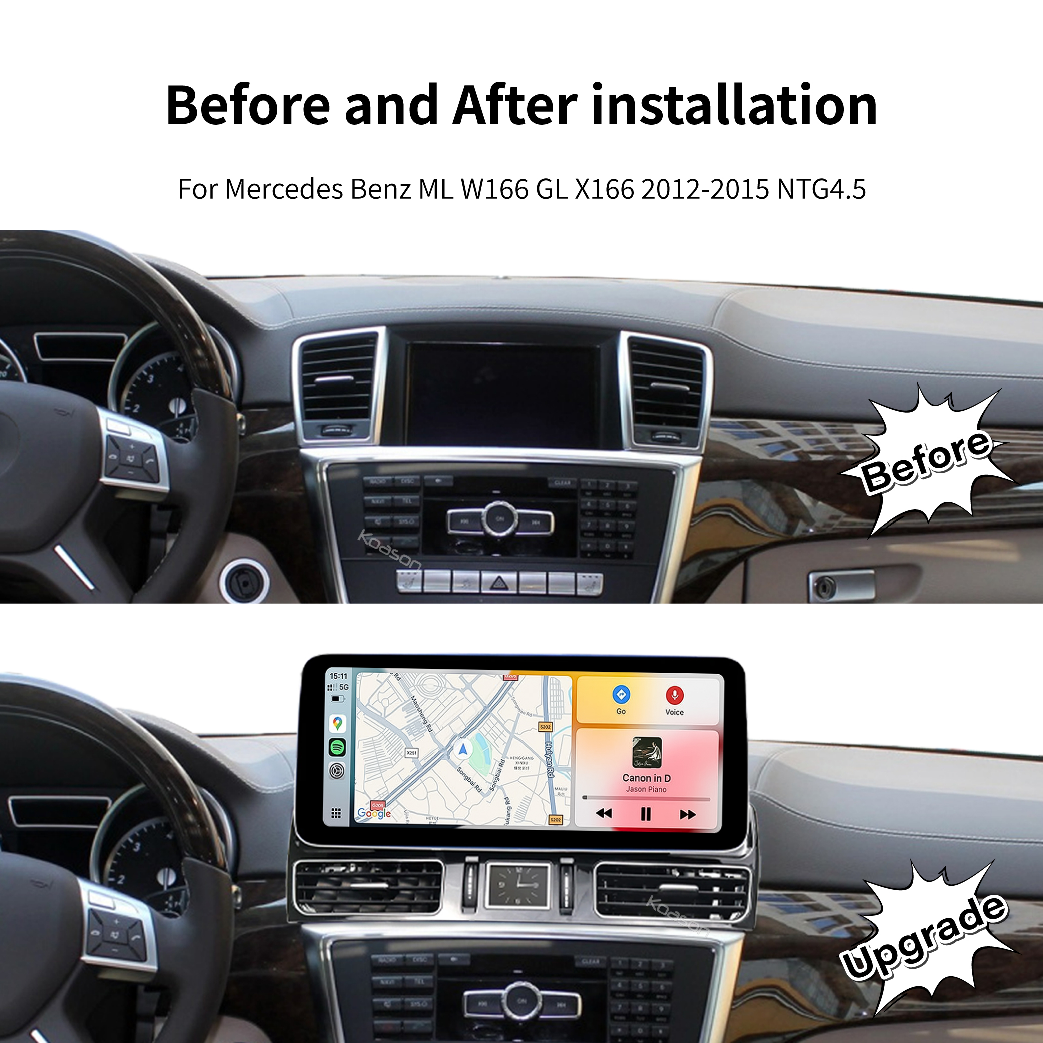 KOASON Linux Apple CarPlay Android Auto TouchScreen Original Retrofit Upgrade Monitor for Mercedes Benz ML W166  GL X166