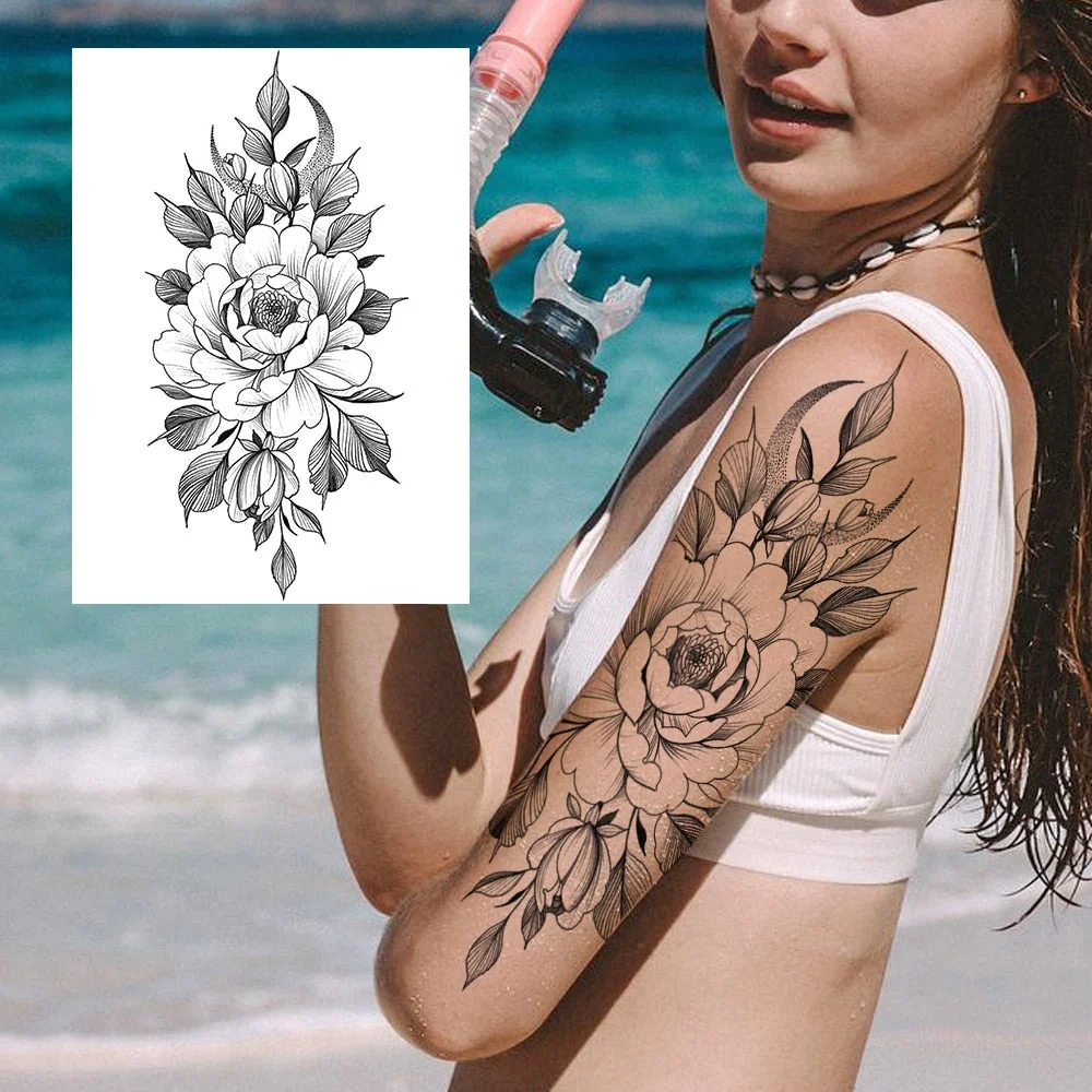 Sexy Flower Temporary Tattoos For Women Body Art Painting Arm Legs Tattoos Sticker Realistic Fake Black Rose Waterproof Tattoos