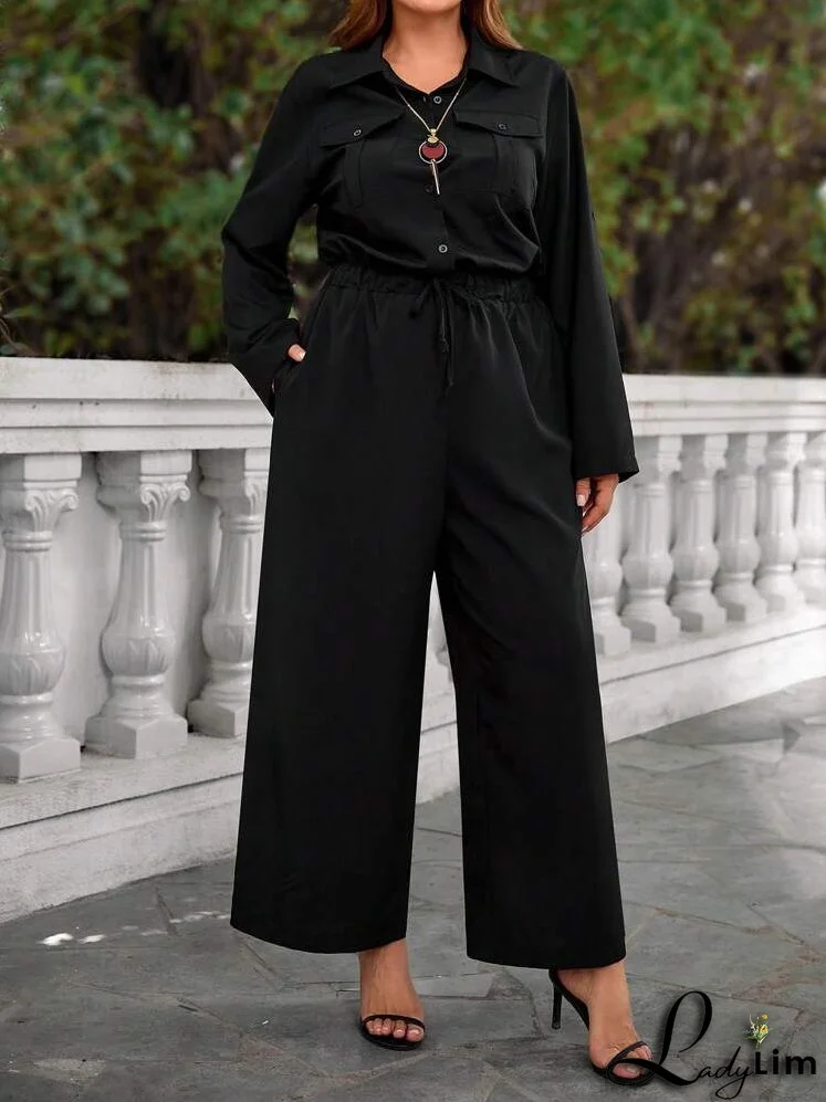 Plus Size Women Black Long Sleeve Jumpsuit For Autumn