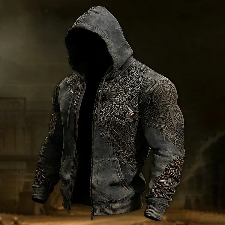 Men's Vintage Viking Wolf Celtic Zipper Up Casual Hoodie