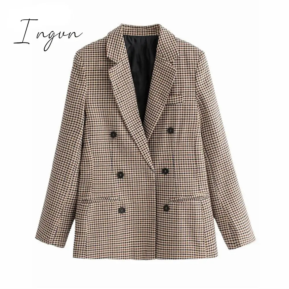Ingvn - Fashion Autumn Women Plaid Blazers And Jackets Work Office Lady Suit Slim Double Breasted