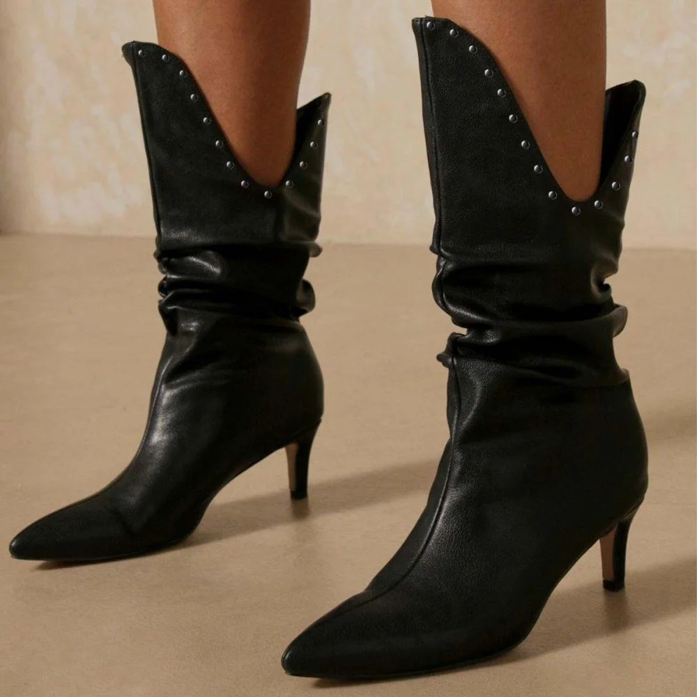 Black Soft Leather Mid Calf Boots  Kitten Heel V-cut Booties With Studs Nicepairs