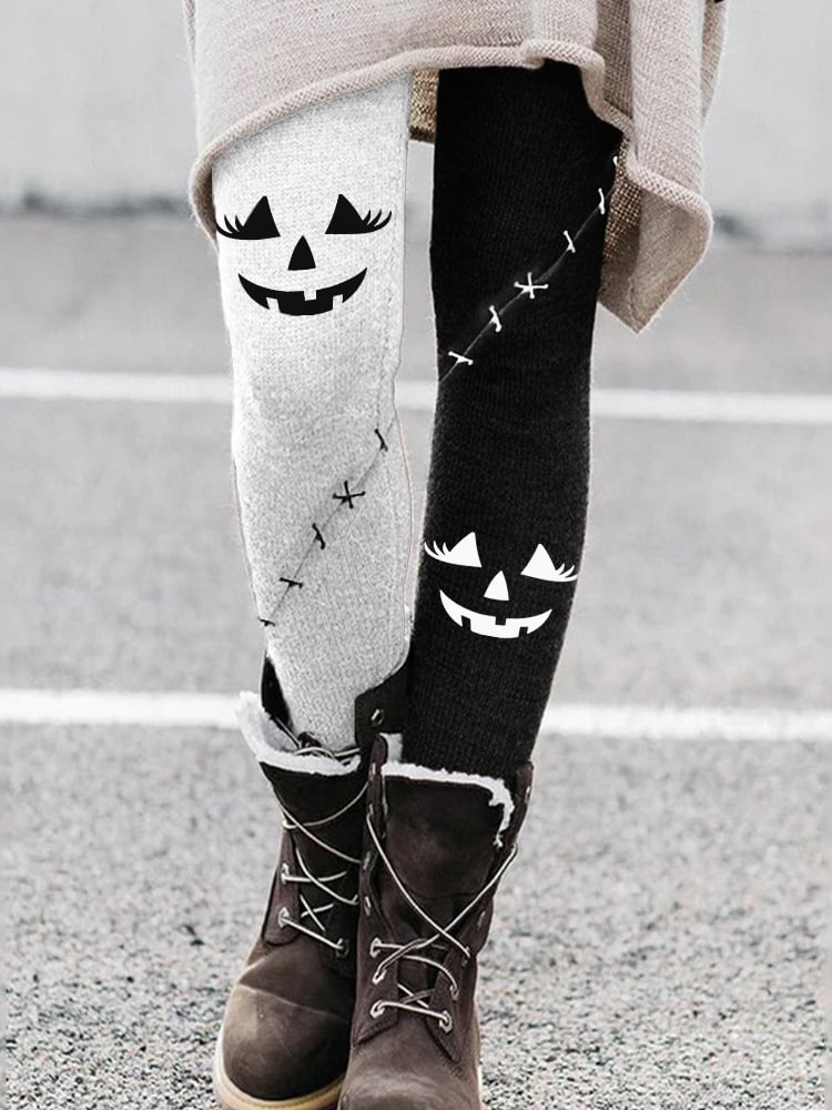 Halloween Pumpkin Face Contrast Color Leggings