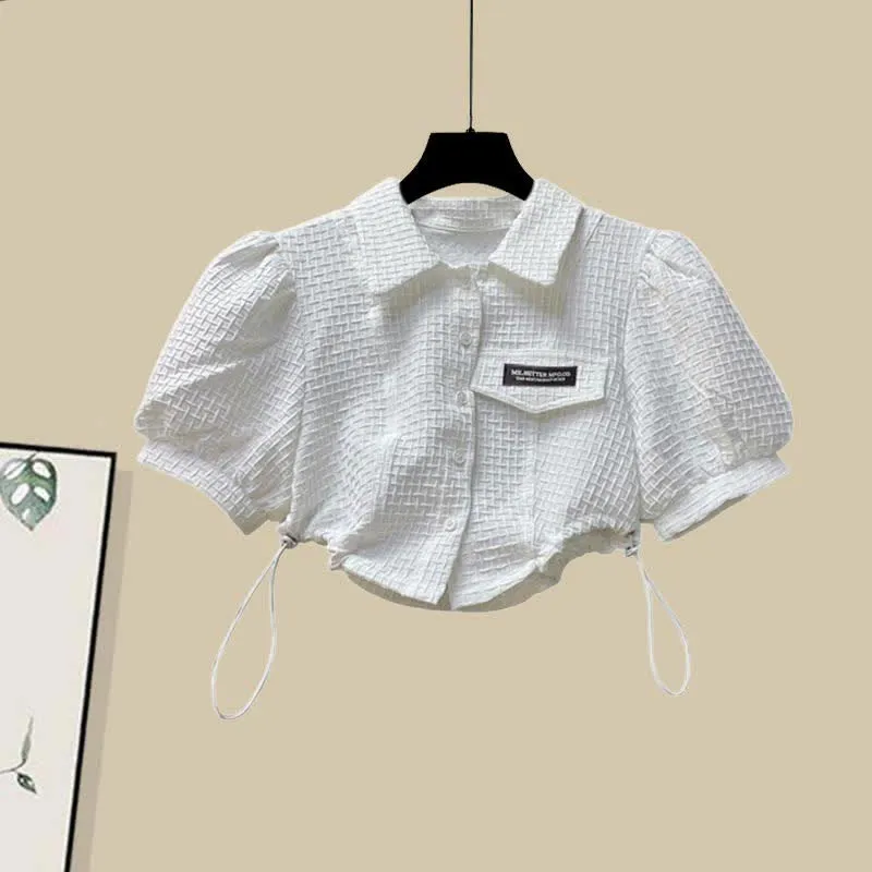 Lapel Puff Seeve Crop T-Shirt Denim Pants Two Pieces Set