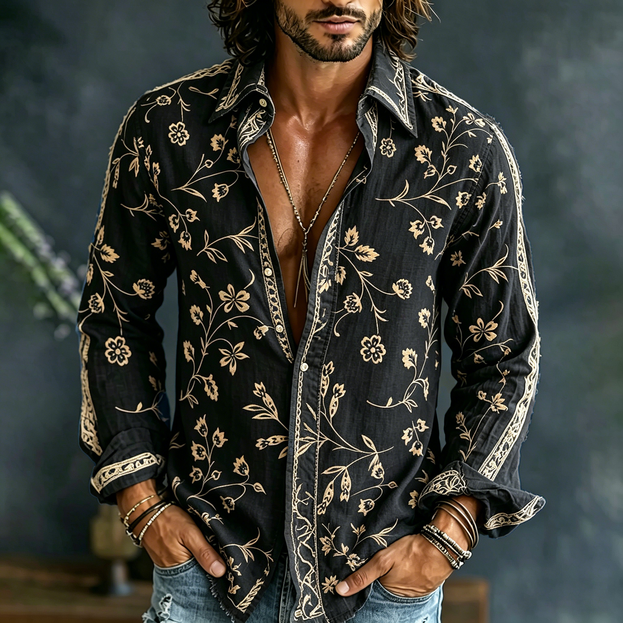 Men's Vintage Spring Floral Embroidered Art Print Flowy Linen Blend Casual Shirt artswardrobe