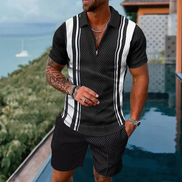 Men's casual black and white geometric Print Polo suit
