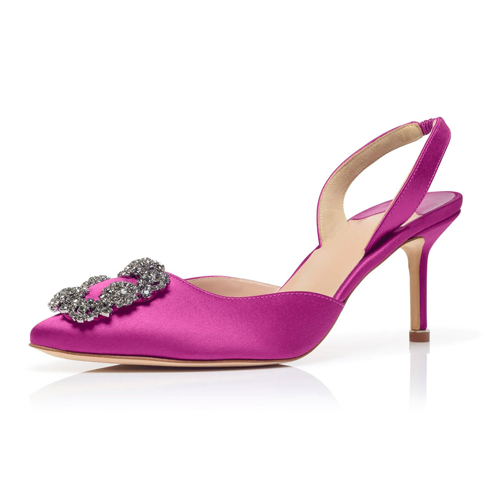 Fuchsia Stiletto Heel Rhinestone Adorned Satin Slingback Shoes Nicepairs
