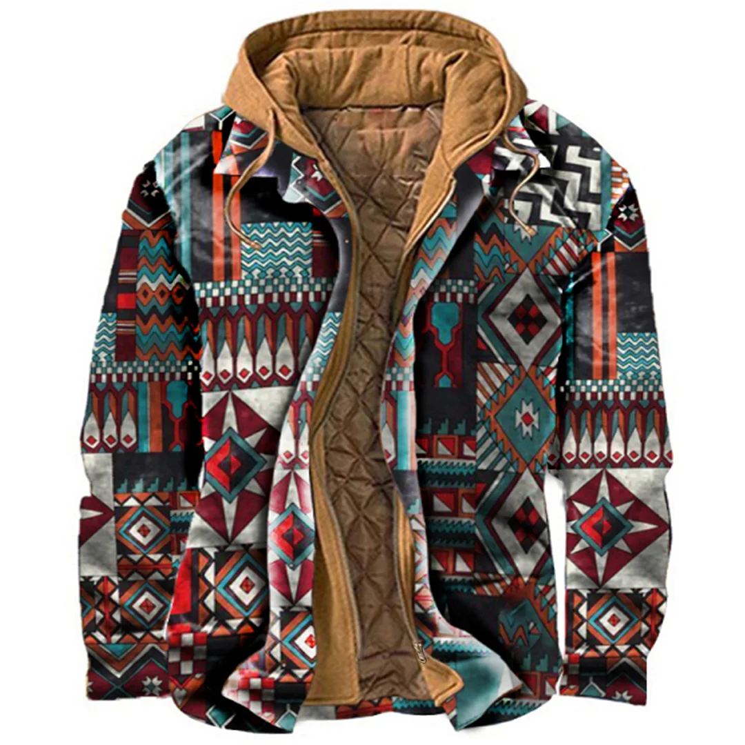 Men's Vintage Ethnic Print Thermal Hooded Casual Jacket、、URBENIE
