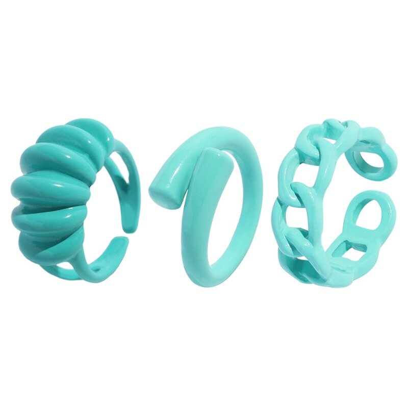 Dvacaman 2021 New Trendy Hand-Painted Candy Color Dripping Oil Geometric Chain Rings Set for Women Colorful Irregular Open Rings