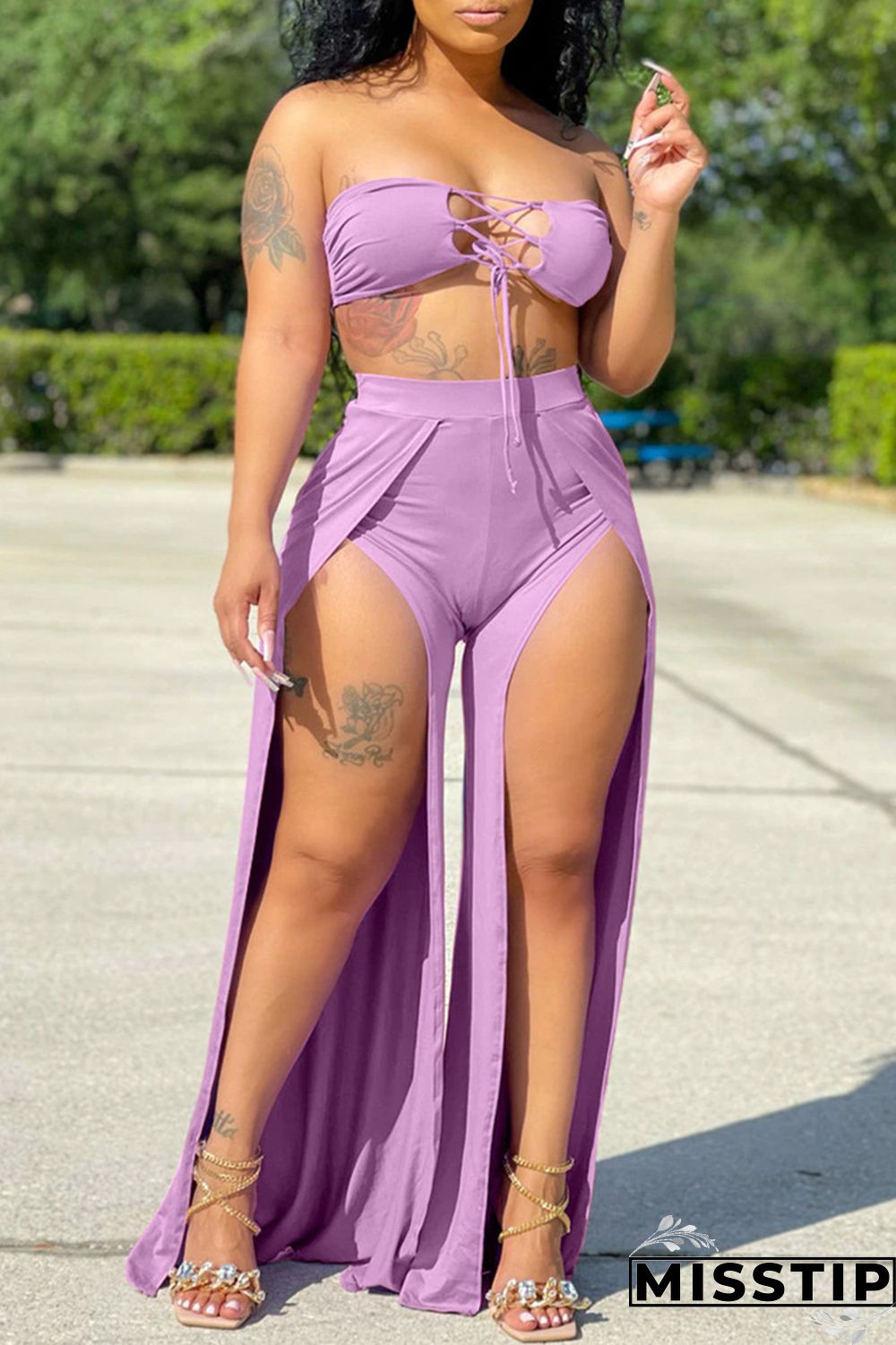 Orange Sexy Solid Hollowed Out Backless Slit Strapless Sleeveless Two Pieces